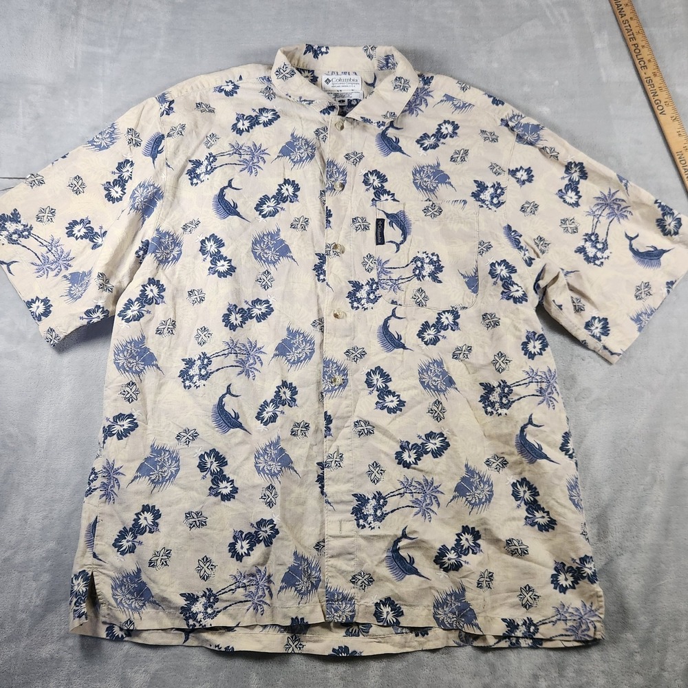 Columbia Sportswear‎ Shirt Men's L Short Sleeve Marlin Fish Floral Linen Button